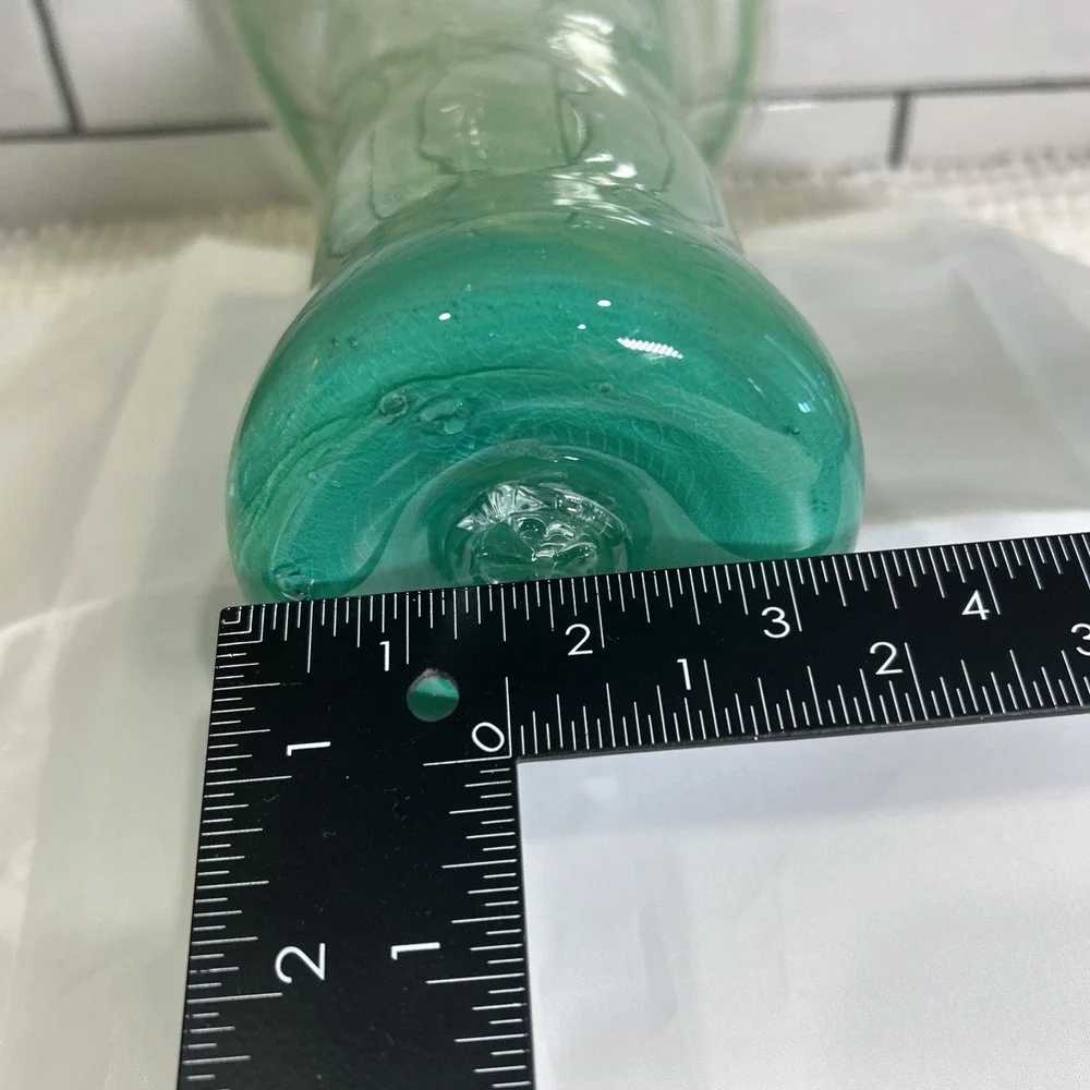 Vintage MCM Hand Blown Art Glass Vase Polished Pontil Mark Green Swirl 10.5 in